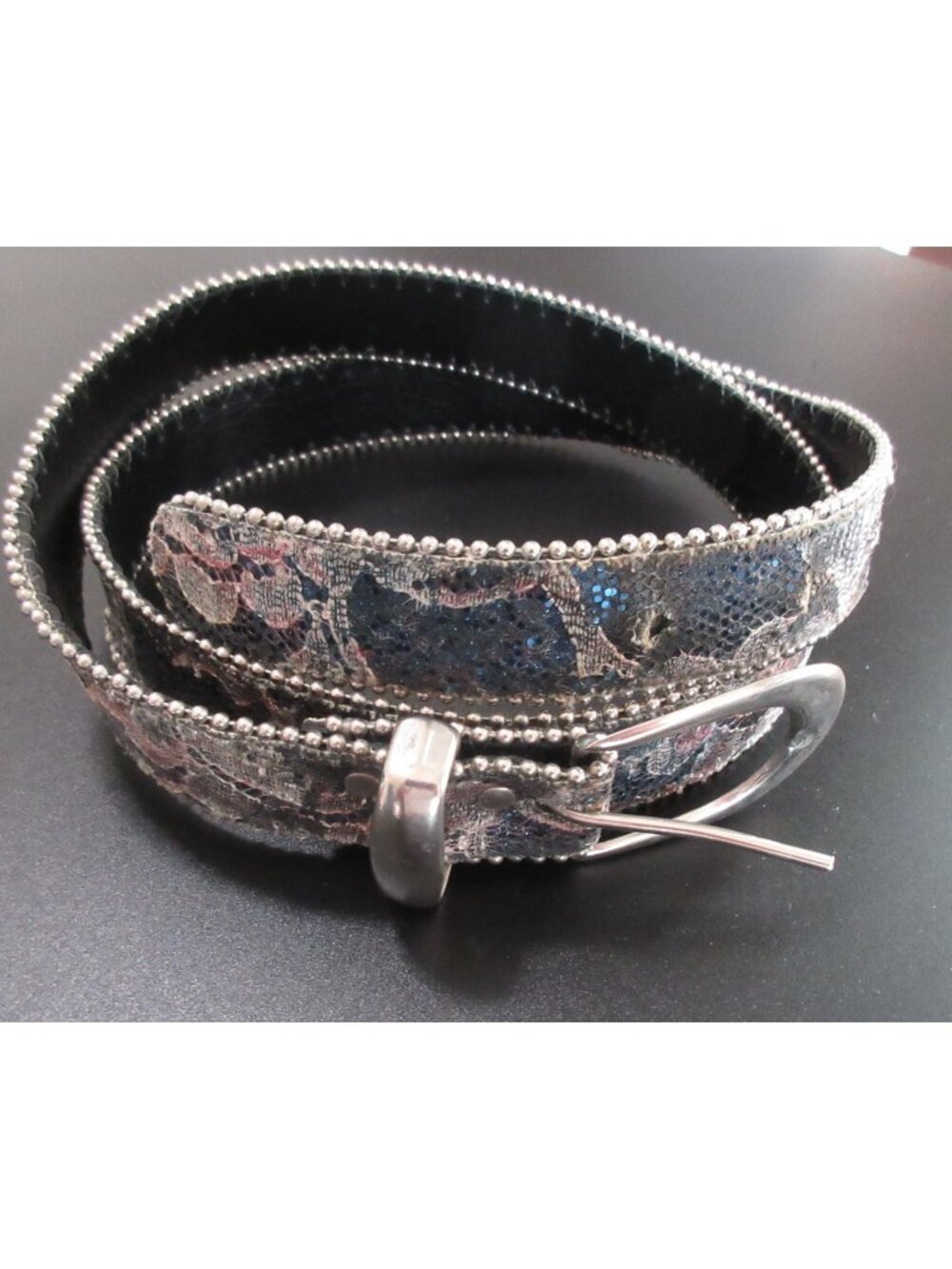 Womens Western Leather Belt w/Silver Buckle & Bead Trim Colorful Lacey Glitter L